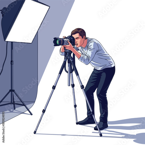 Illustration of a man taking a photo with a camera on a tripod in a studio with a softbox light.
