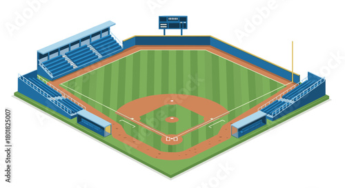 Isometric view of a baseball stadium with green field and blue stands
