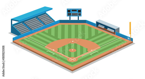 Isometric baseball field with grandstand and scoreboard in green and blue design