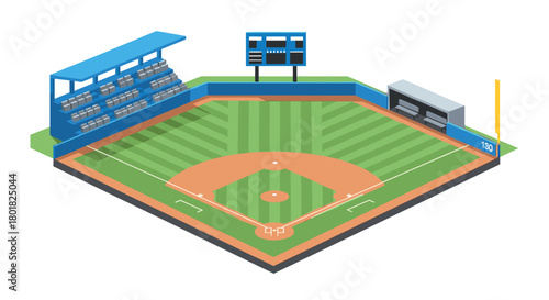 Isometric baseball field with dugout and scoreboard design