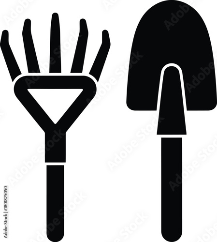 Gardening tools shovel and rake vector illustration garden equipment eps silhouette