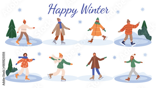 Joyful winter scene illustration featuring diverse people gracefully ice skating on a frozen pond surrounded by a festive atmosphere and snowy landscape