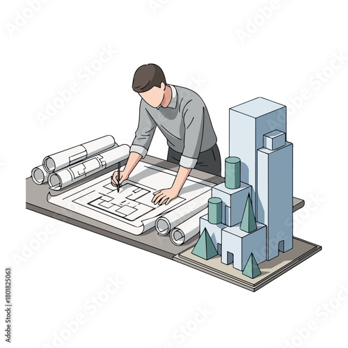Isometric illustration of a man designing a cityscape blueprint with architectural plans and buildings on a table.
