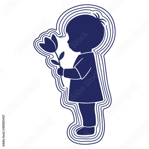 Silhouette of a child holding a flower in a tender moment of innocence and gentle affection lovely minimalist design vector illustration