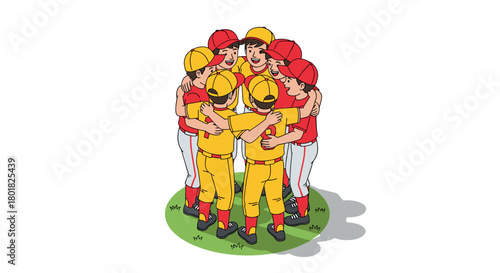 Youth baseball team embracing in circle on field