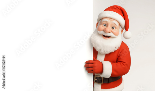 3D Santa Claus Peeking from Behind a White Wall with Blank Background for Copy Space
