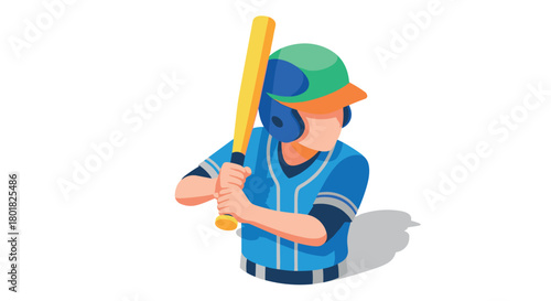 Isometric baseball player in action with bat and helmet