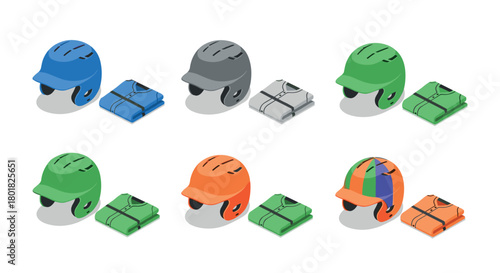 Colorful isometric helmets and shirts set: diverse protective gear