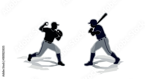 Dynamic baseball duel: batter vs pitcher silhouette with shadow effect