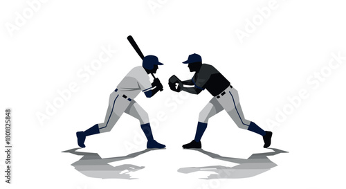 Silhouette of baseball players in action: focusing on batter and catcher positions