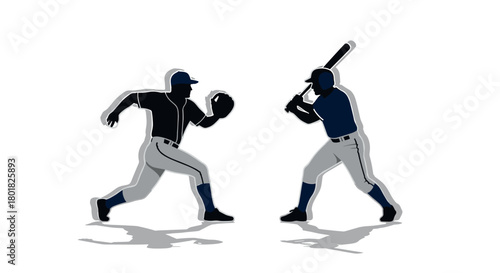 Dynamic baseball action silhouettes of player and batter against white background