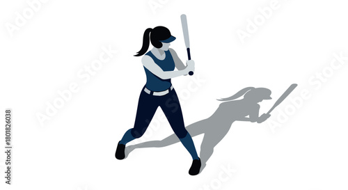 Female baseball player in ready stance with shadow in isometric style
