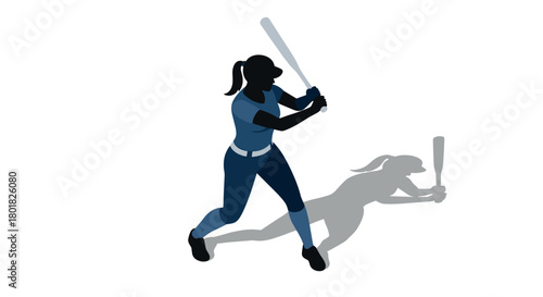 Silhouette of woman playing baseball in dynamic pose with shadow effect