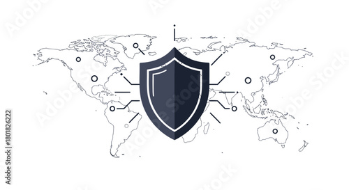 Digital shield protecting global network connections and data across the world map