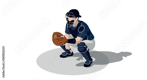 Baseball catcher in full gear preparing for pitch on white background