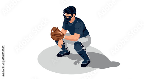Isometric catcher in action: baseball player with gear ready for game