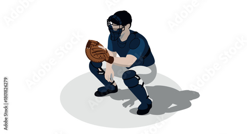 Isometric baseball catcher with gear in ready position on field