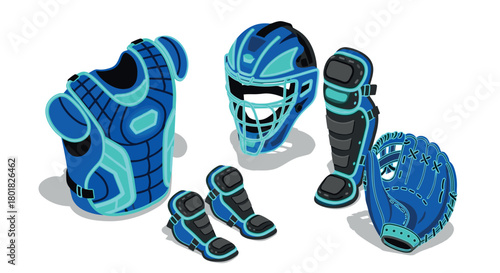 Modern blue baseball gear set with helmet and catcher's mitt in isometric style