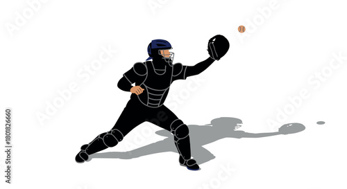 Catcher in action: dynamic baseball player with glove and shadow on white background