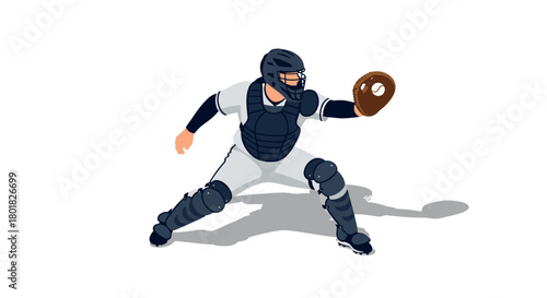 Baseball catcher in action: dynamic flat design of a player in full gear