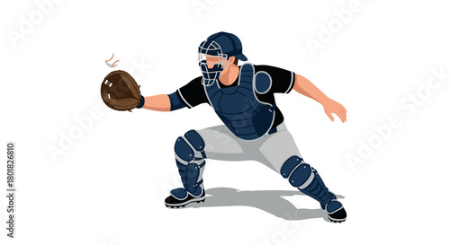 Baseball catcher in dynamic pose with gear and glove