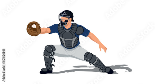Dynamic baseball catcher in action with protective gear