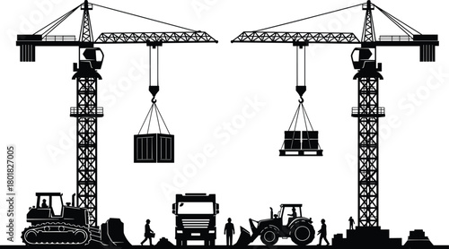 Black silhouette of construction site featuring tower cranes lifting loads, heavy trucks, bulldozers and working builders isolated on white background for industrial development design.