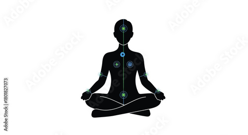 Silhouette of a person meditating in a lotus position with glowing chakras aligned along the spine