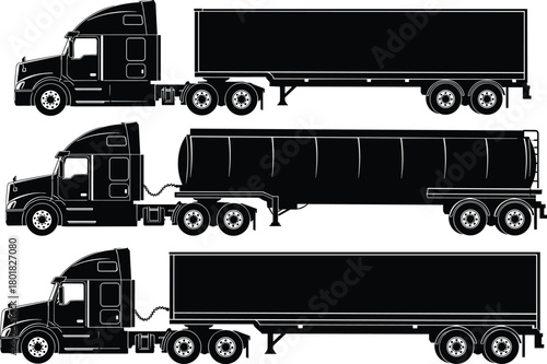 Black silhouettes of heavy semi trucks with cargo trailers and oil tanker, industrial road transport logistics and freight delivery vehicle vector collection on white.