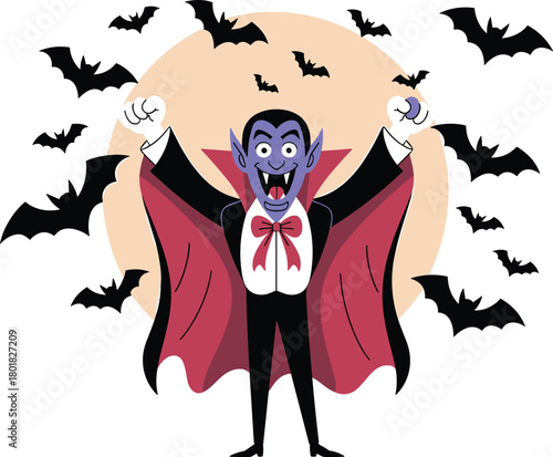 Cartoon vampire character celebrating with bats in front of full moon, spooky Halloween illustration, cheerful Dracula design for festive holiday artwork