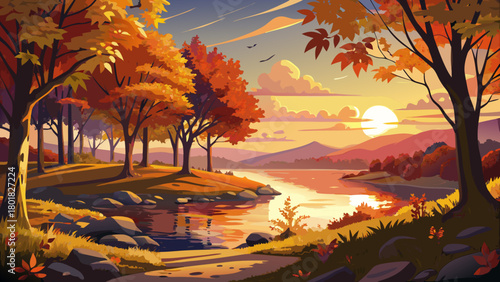 Very beautiful autumn sunset on the shores of Parsippany Lake in Parsippany, New Jersey, where golden sun rays filter dramatically through a large tree canopy, illuminating calm waters and vibrant fal