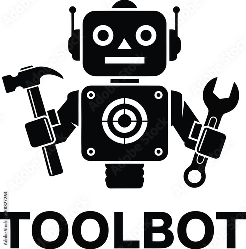 Toolbot logo design robot holding hammer wrench construction repair icon eps silhouette