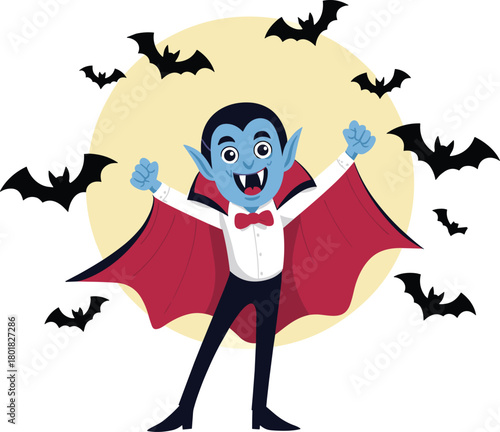 Cartoon vampire character celebrating with bats in front of full moon, spooky Halloween illustration, cheerful Dracula design for festive holiday artwork