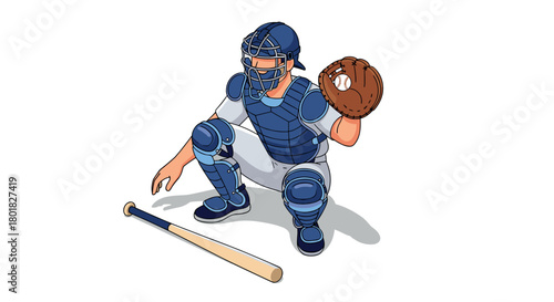 Baseball catcher in full gear holding a glove and bat in a dynamic pose