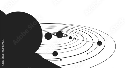 Silhouette of a child s head looking at a stylized solar system model with planets orbiting a central star