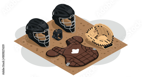 Isometric baseball catcher gear set on sand background