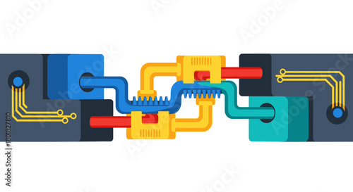 Abstract illustration depicting interconnected circuits and data flow, showcasing technology and digital communication in a modern design.