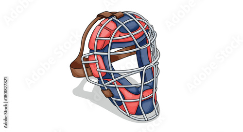 Vintage hockey goalie mask with red and blue padding in isometric design