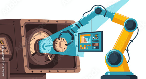 A robotic arm interacts with machinery, showcasing automation and technological advancements within a factory or industrial setting for efficiency.