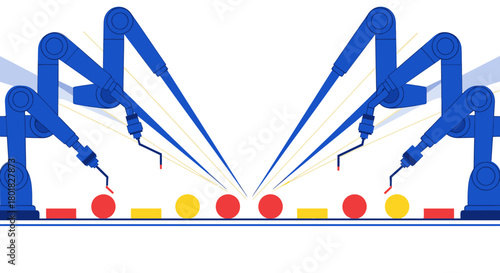 Robotic arms working in a factory, assembling products on a production line with precision and efficiency, showcasing automation.