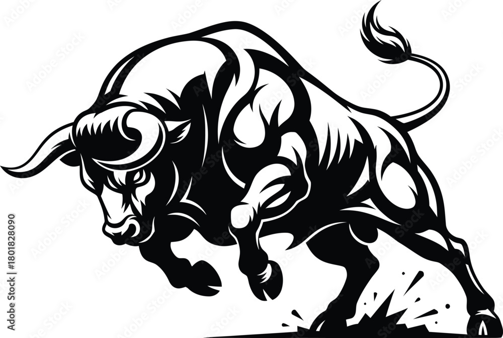 Fototapeta premium Angry bull vector illustration charging animal black and white design eps silhouette