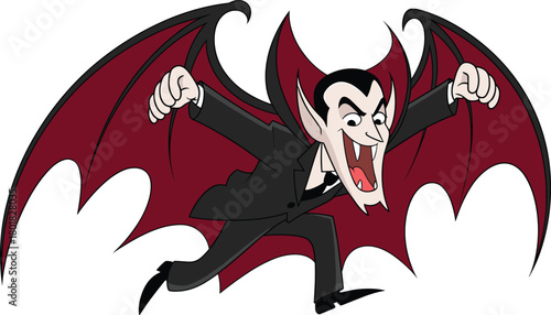 Cartoon vampire with large bat wings flying aggressively, spooky Halloween monster illustration, scary Dracula character artwork for horror themed design