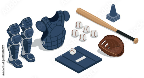 Comprehensive isometric baseball equipment set with bat, glove, and gear