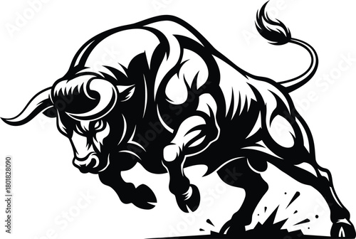 Angry bull vector illustration charging animal black and white design eps silhouette