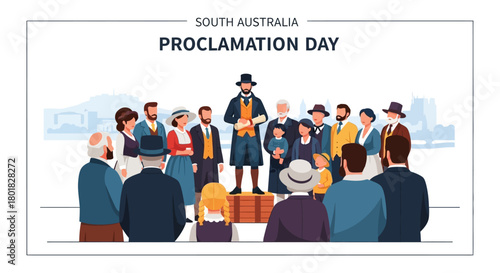 South Australia Proclamation Day celebration illustration with historical figures addressing a crowd