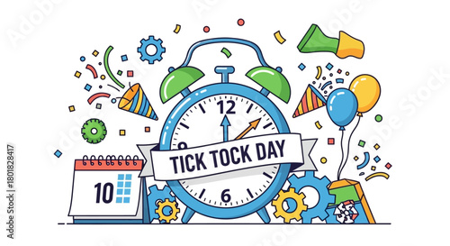 Tick Tock Day Celebration with Alarm Clock, Confetti, and Festive Elements – A Timely Reminder for Special Occasions
