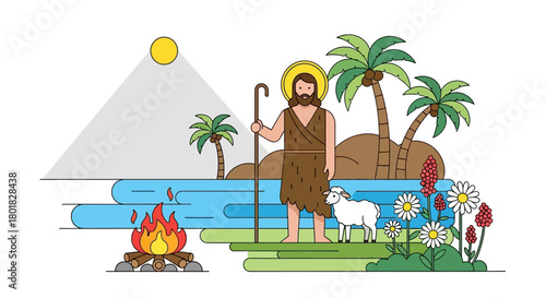 John the Baptist with Lamb by the River Under Palm Trees