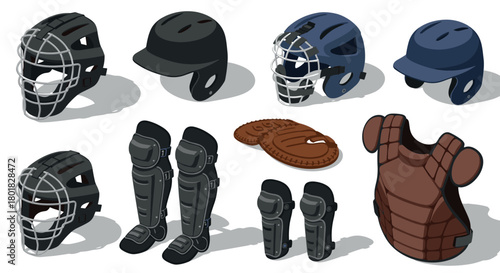 Baseball equipment collection featuring catcher gear and helmets in isometric style