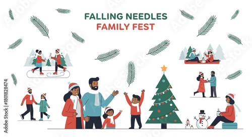 A set of diverse families and couples enjoying a winter holiday festival with outdoor Christmas activities like ice skating and decorating