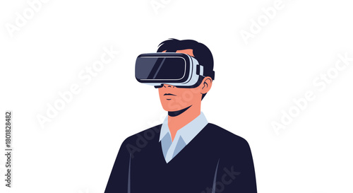 Man wearing virtual reality headset experiencing immersive digital technology on a white background